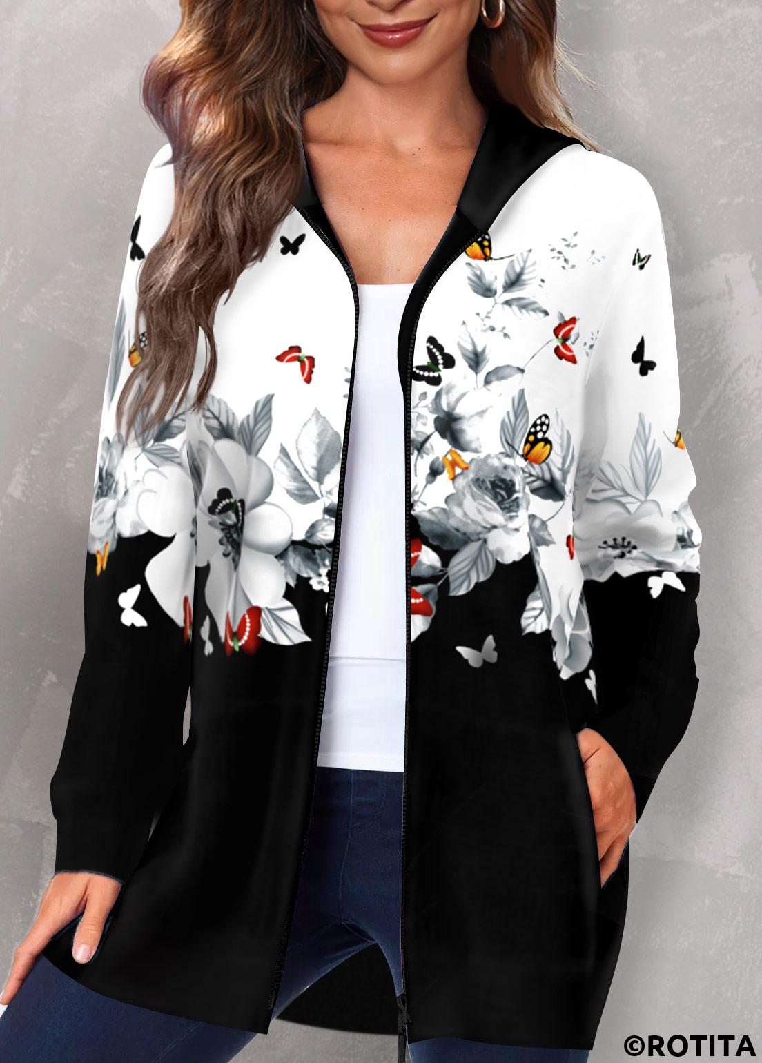 Multi Color tops,Floral tops,Animal Print tops,Plants tops,ROTITA Pocket Floral Print Multi Color Hooded Long Sleeve Coat