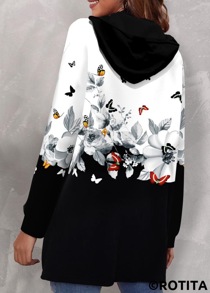 Multi Color tops,Floral tops,Animal Print tops,Plants tops,ROTITA Pocket Floral Print Multi Color Hooded Long Sleeve Coat