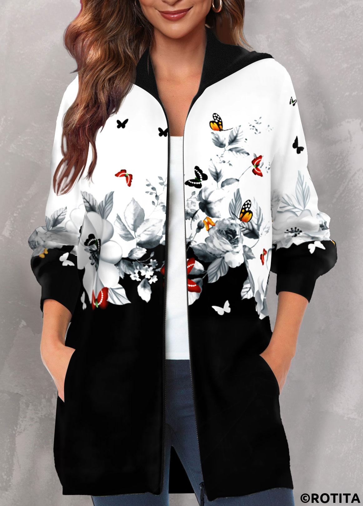 Multi Color tops,Floral tops,Animal Print tops,Plants tops,ROTITA Pocket Floral Print Multi Color Hooded Long Sleeve Coat