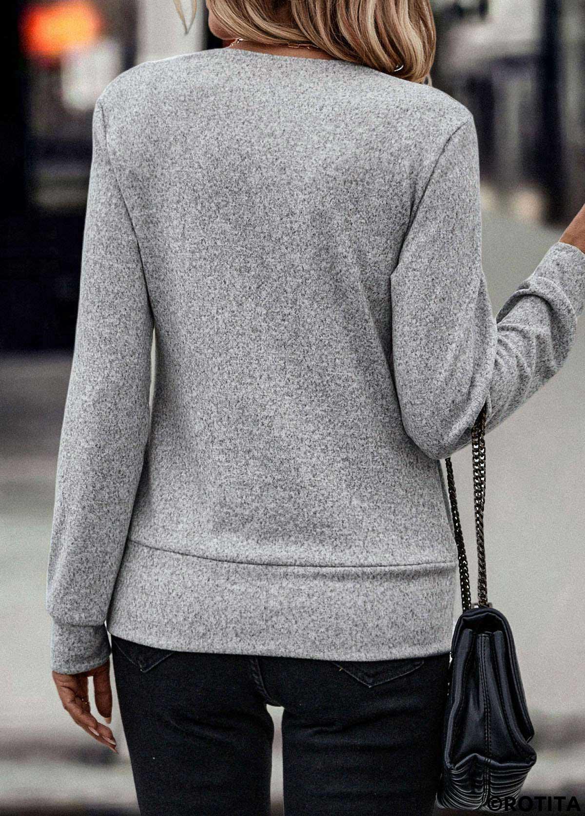 Light Grey Marl tops,Plaid tops,Striped tops,ROTITA Fake 2in1 Plaid Light Grey Marl Square Neck Sweatshirt