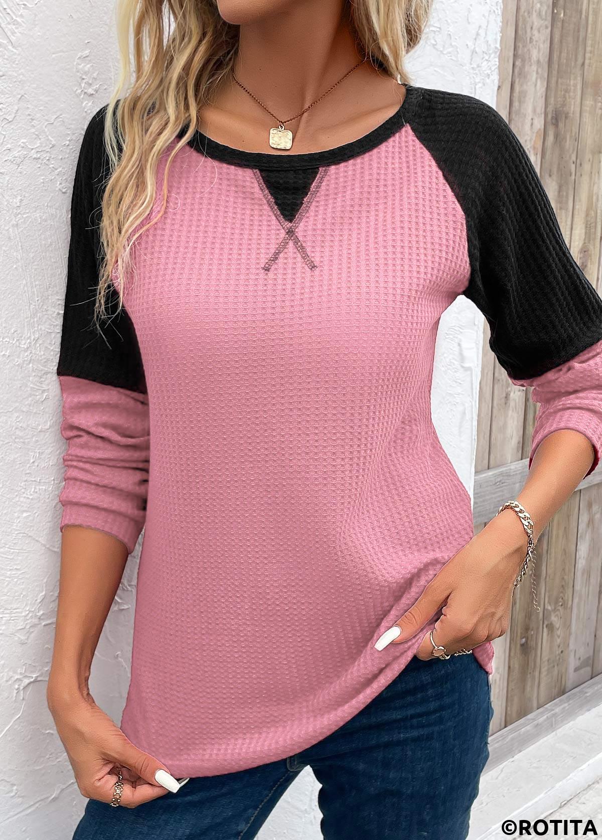 Pink tops,Contrast Color tops,Patchwork Round Neck Long Sleeve Pink T Shirt