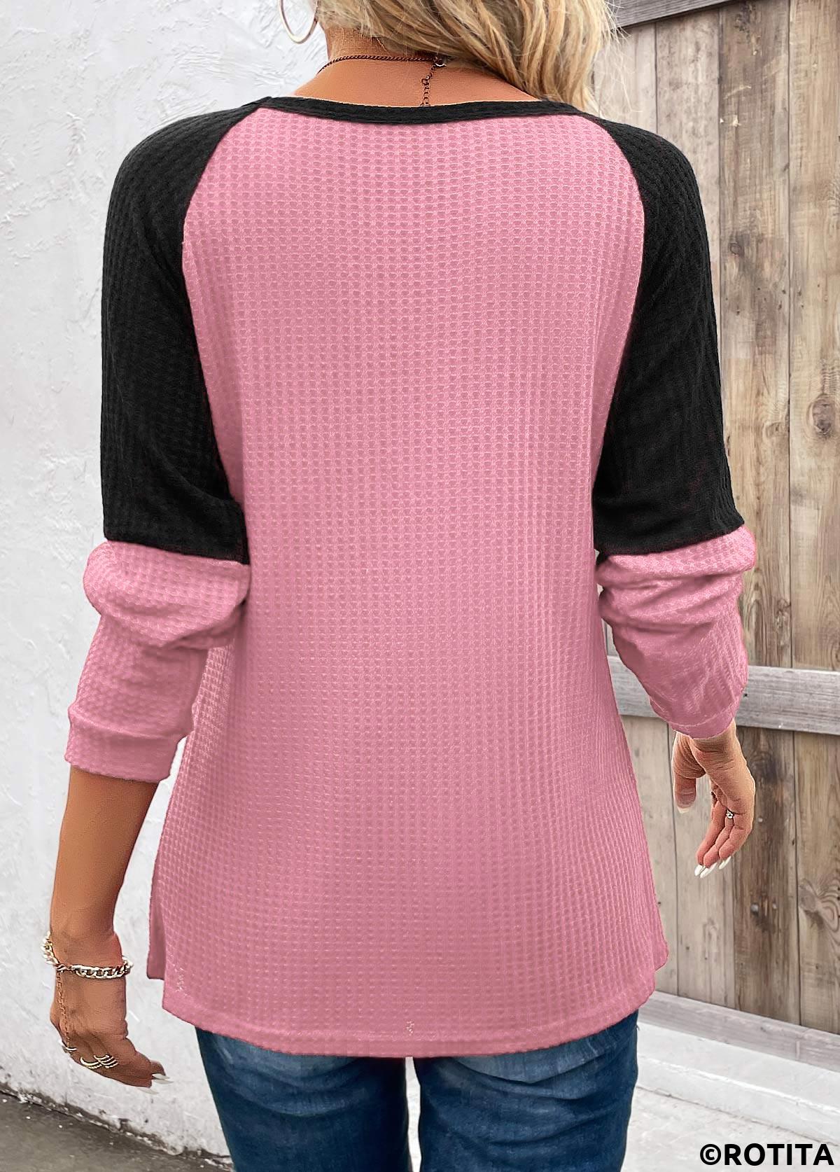 Pink tops,Contrast Color tops,Patchwork Round Neck Long Sleeve Pink T Shirt