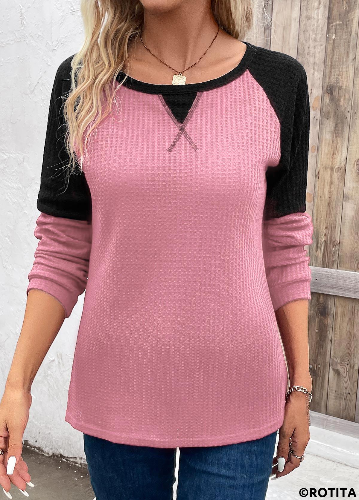 Pink tops,Contrast Color tops,Patchwork Round Neck Long Sleeve Pink T Shirt
