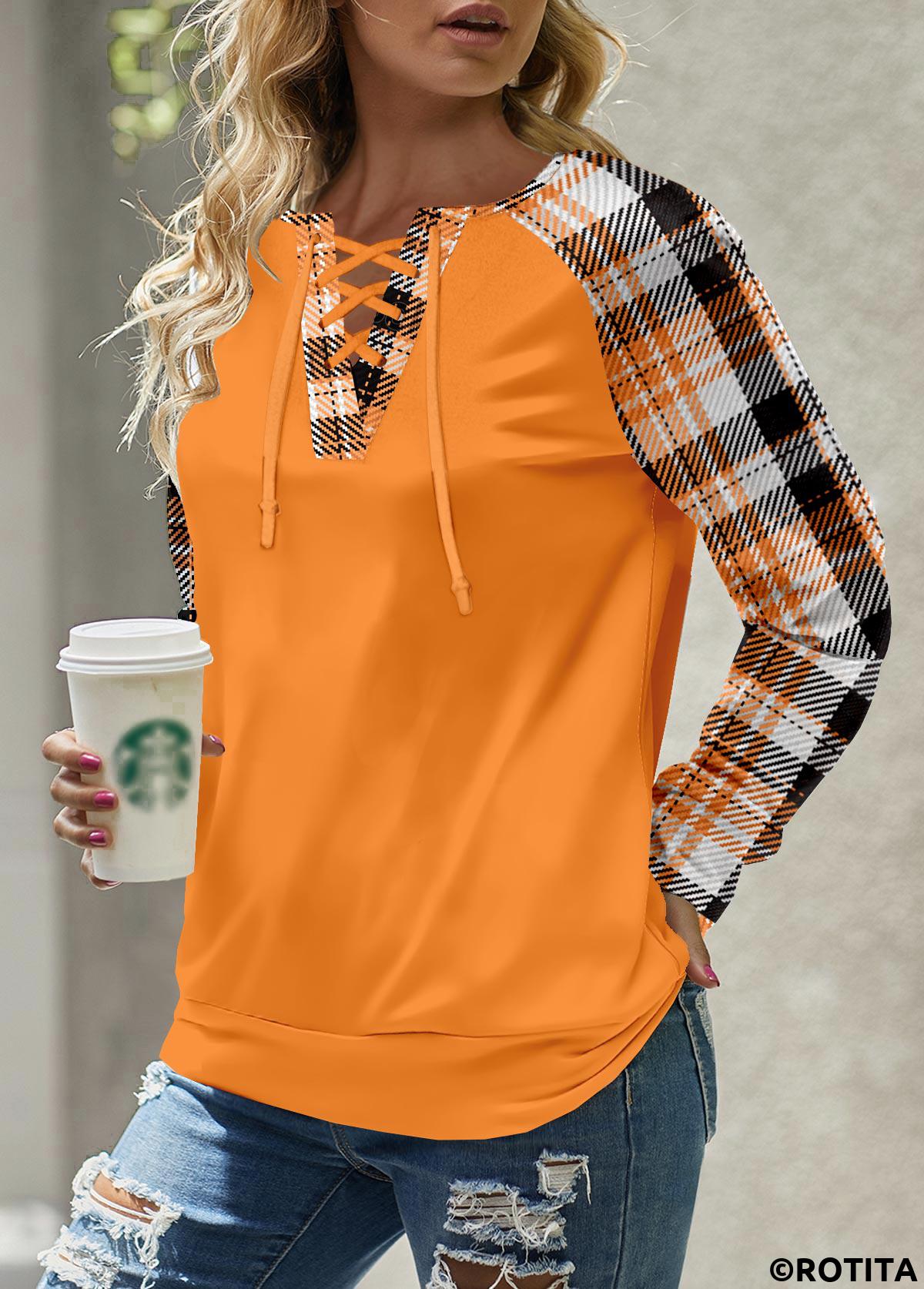 rotita patchwork plaid orange col fendu sweat-shirt à manches longues