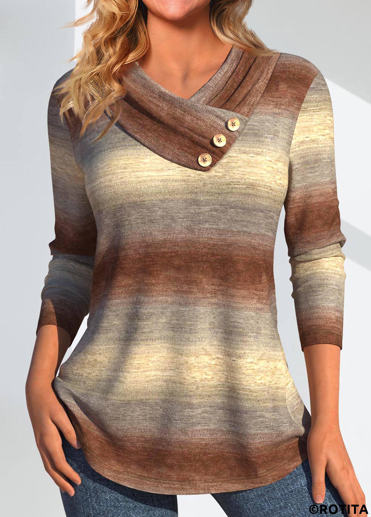 Light Camel tops,Ombre tops,Geometric tops,Striped tops,ROTITA Asymmetry Ombre Light Camel V Neck Long Sleeve Sweatshirt