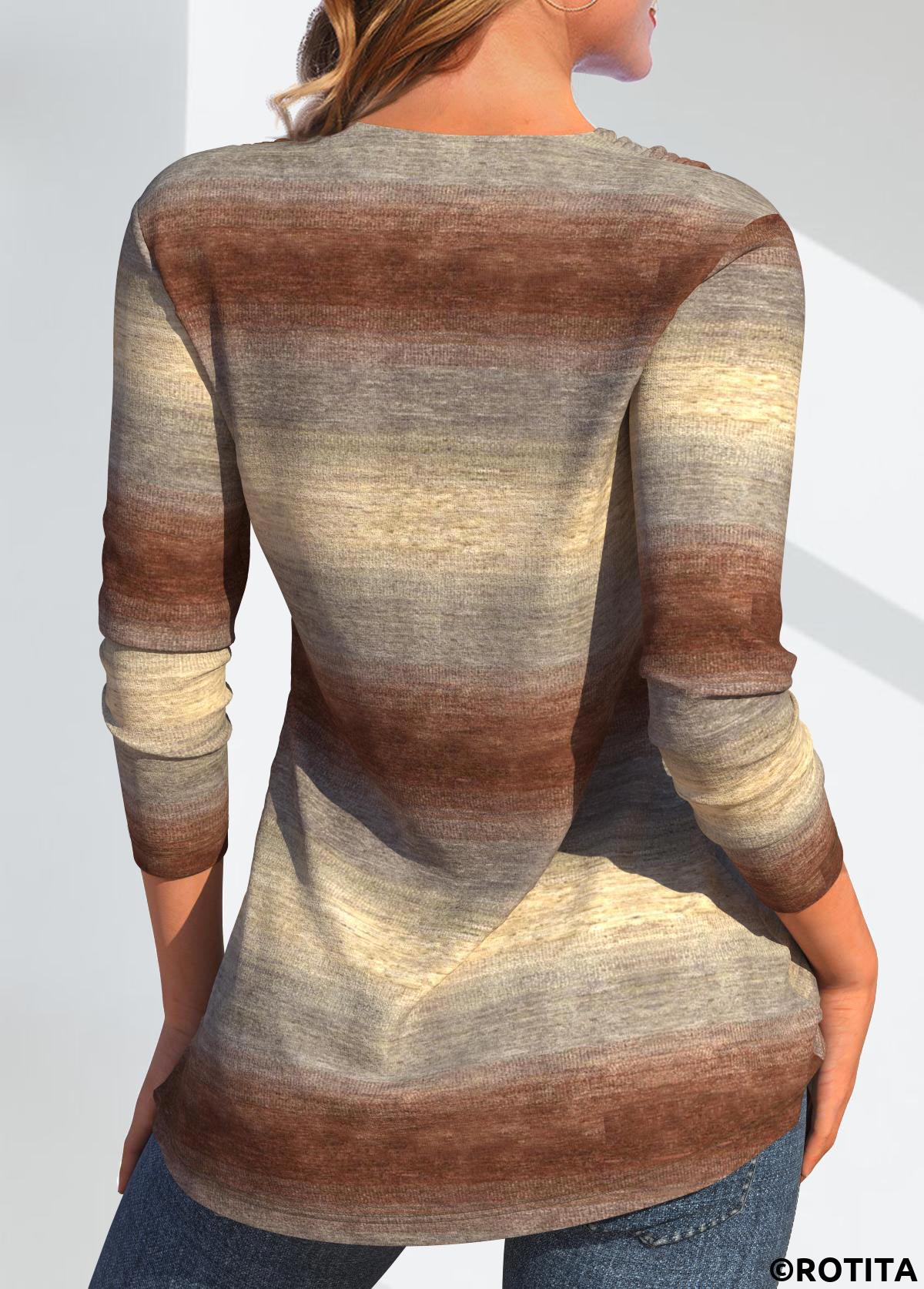 Light Camel tops,Ombre tops,Geometric tops,Striped tops,ROTITA Asymmetry Ombre Light Camel V Neck Long Sleeve Sweatshirt