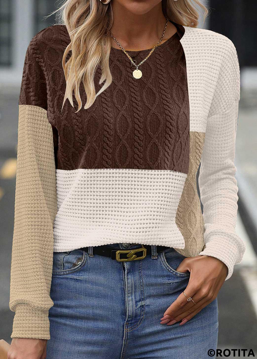 Dark Coffee tops,Contrast Color tops,ROTITA Patchwork Dark Coffee Round Neck Long Sleeve Sweatshirt