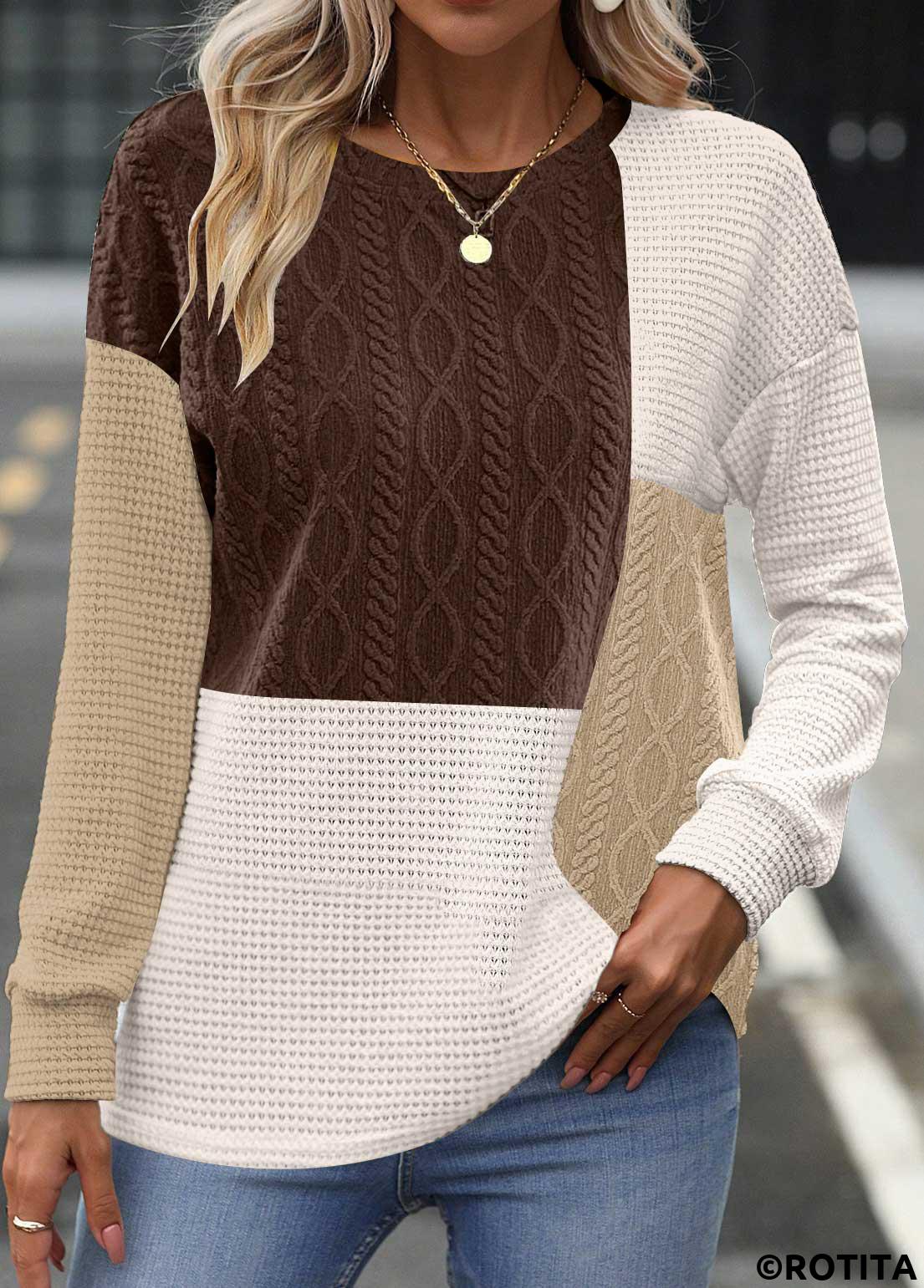 Dark Coffee tops,Contrast Color tops,ROTITA Patchwork Dark Coffee Round Neck Long Sleeve Sweatshirt