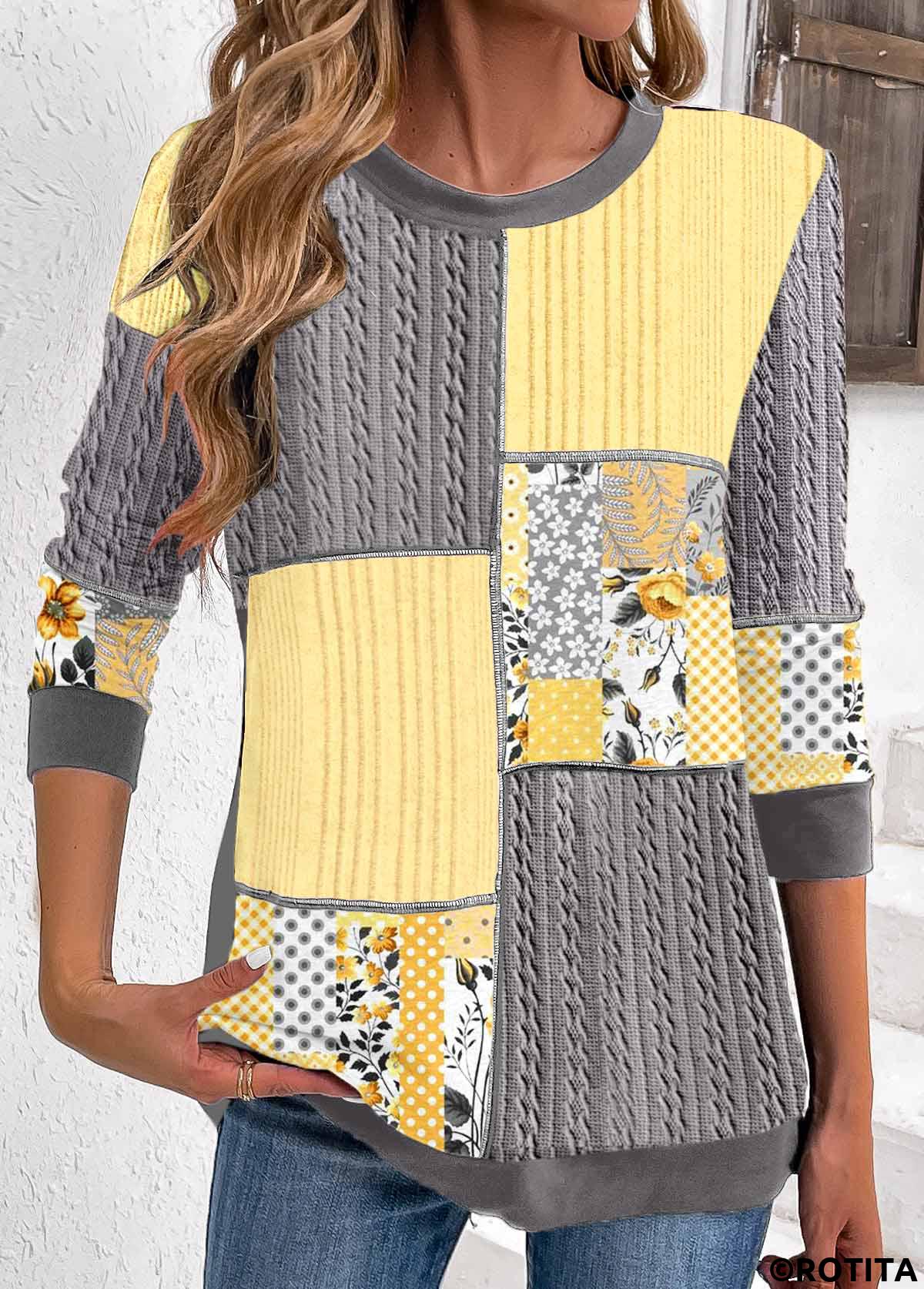 Grey tops,Geometric tops,Striped tops,Floral tops,Plants tops,ROTITA Patchwork Geometric Print Grey Round Neck Long Sleeve Sweatshirt