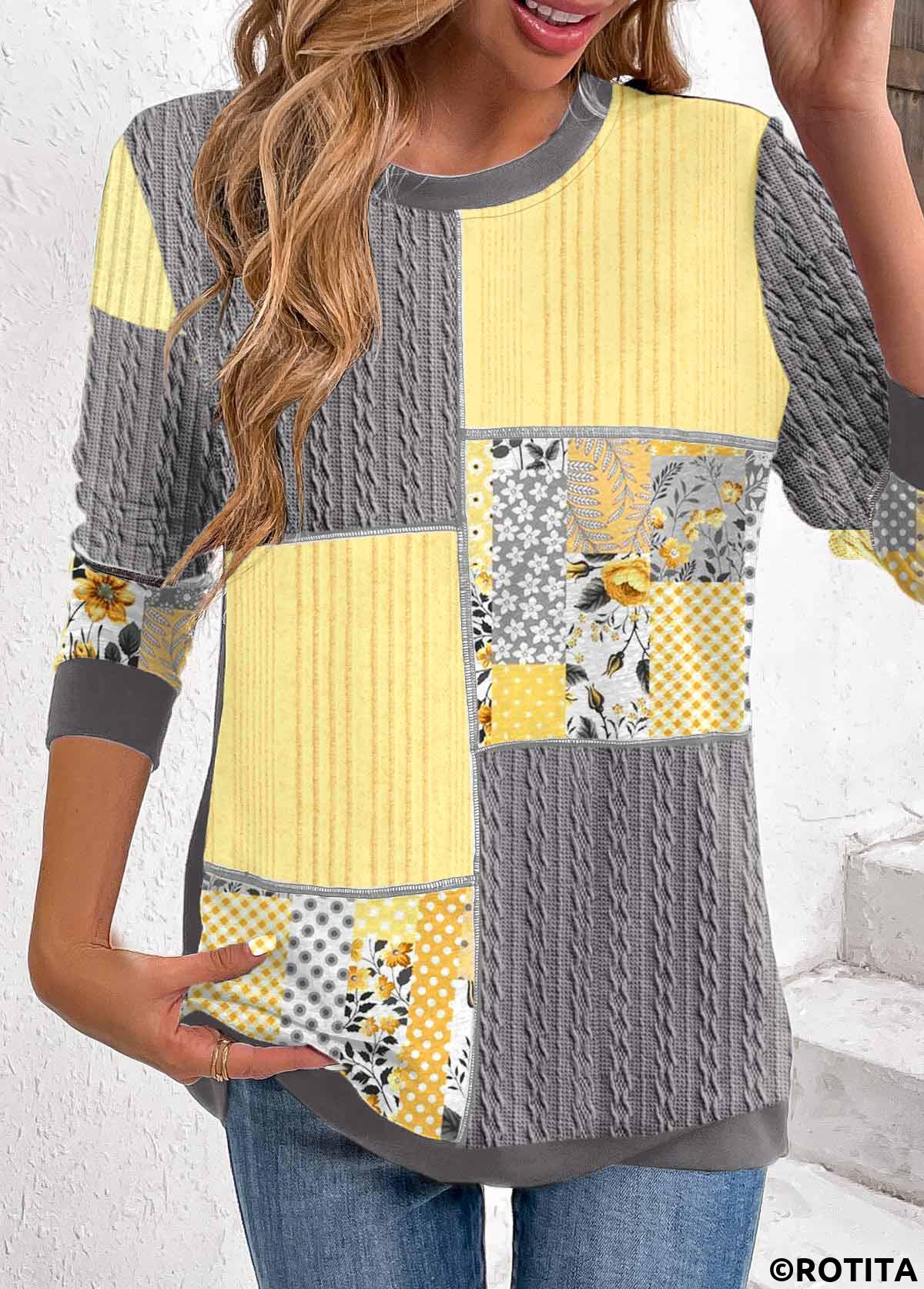 Grey tops,Geometric tops,Striped tops,Floral tops,Plants tops,ROTITA Patchwork Geometric Print Grey Round Neck Long Sleeve Sweatshirt