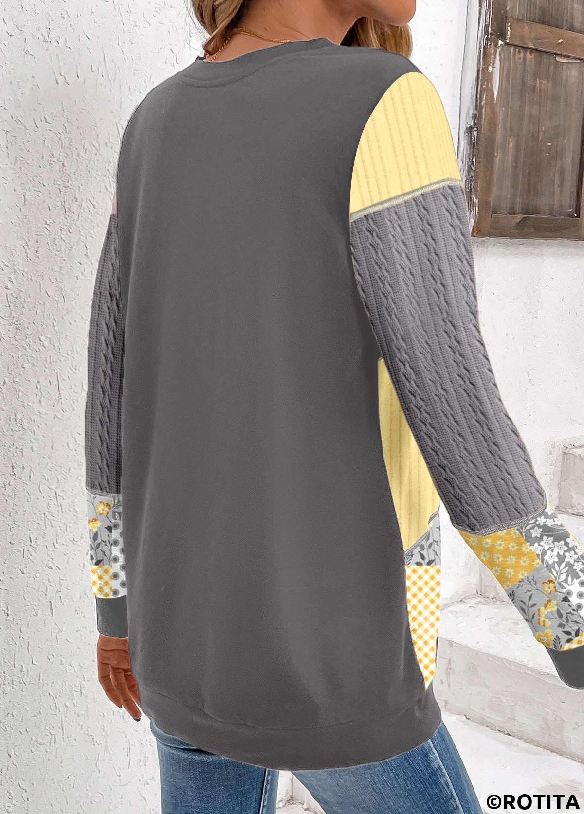 Grey tops,Geometric tops,Striped tops,Floral tops,Plants tops,ROTITA Patchwork Geometric Print Grey Round Neck Long Sleeve Sweatshirt