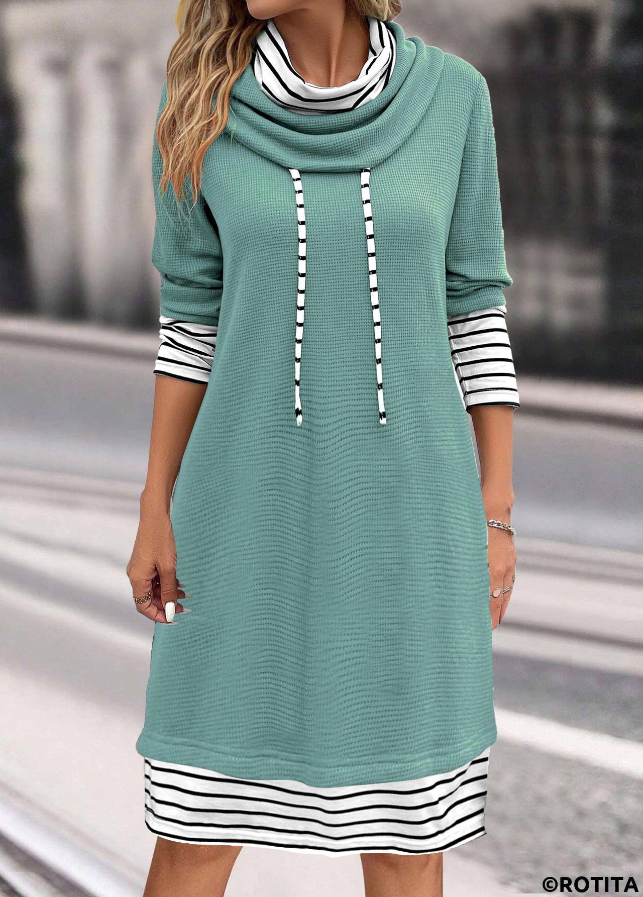 Sage Green dresses,Striped dresses,Geometric dresses,Everyday dresses,Casual dresses,ROTITA Patchwork Striped Sage Green Cowl Neck Shift Dress