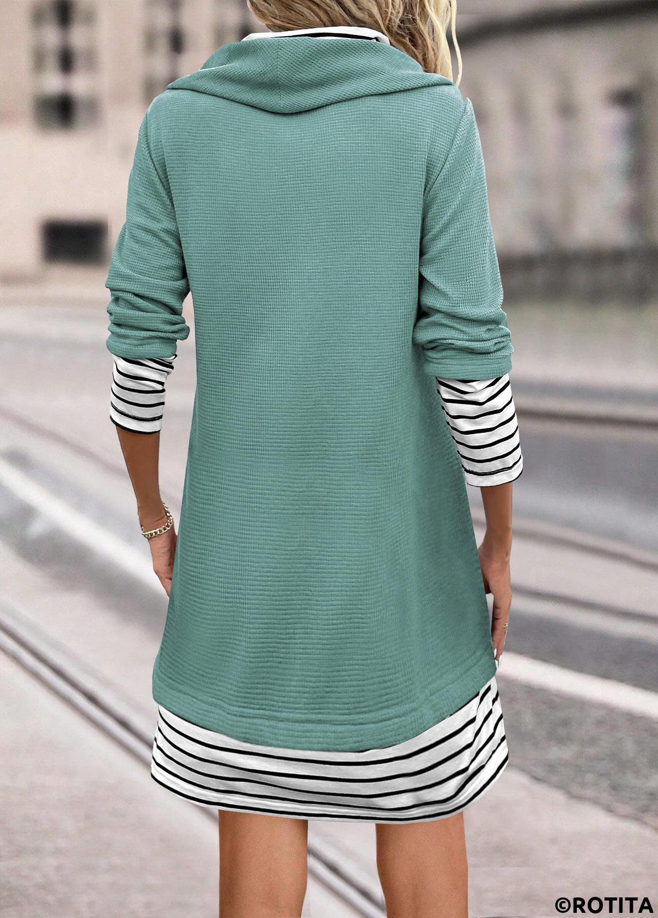 Sage Green dresses,Striped dresses,Geometric dresses,Everyday dresses,Casual dresses,ROTITA Patchwork Striped Sage Green Cowl Neck Shift Dress