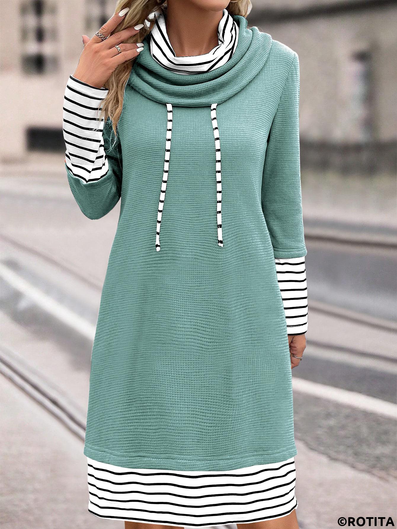 Sage Green dresses,Striped dresses,Geometric dresses,Everyday dresses,Casual dresses,ROTITA Patchwork Striped Sage Green Cowl Neck Shift Dress