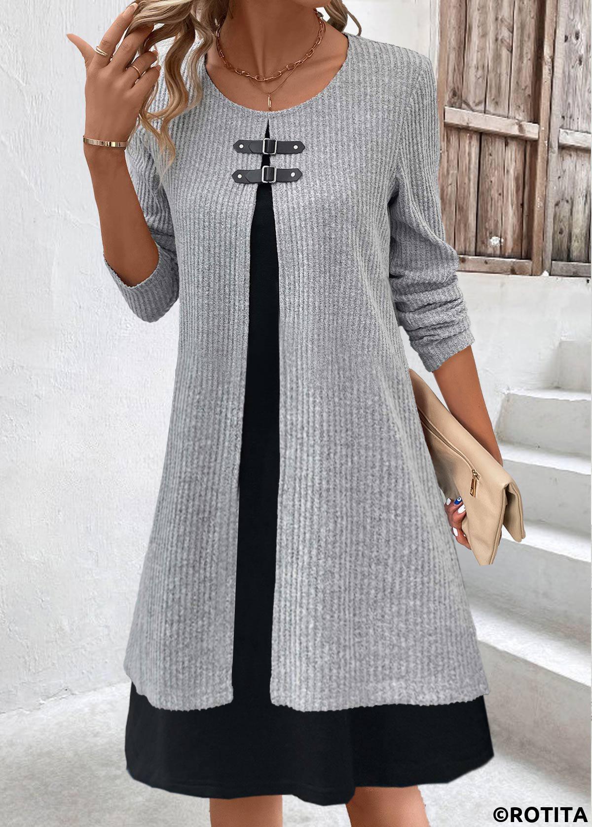 Light Grey Marl dresses,Contrast Color dresses,Everyday dresses,Casual dresses,ROTITA Fake 2in1 Light Grey Marl A Line Dress