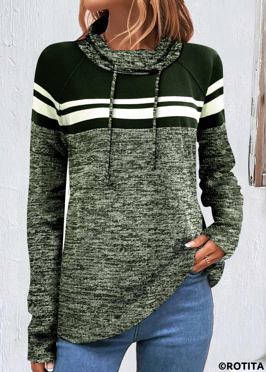 Blackish Green tops,Striped tops,ROTITA Patchwork Striped Blackish Green Cowl Neck Long Sleeve Sweatshirt