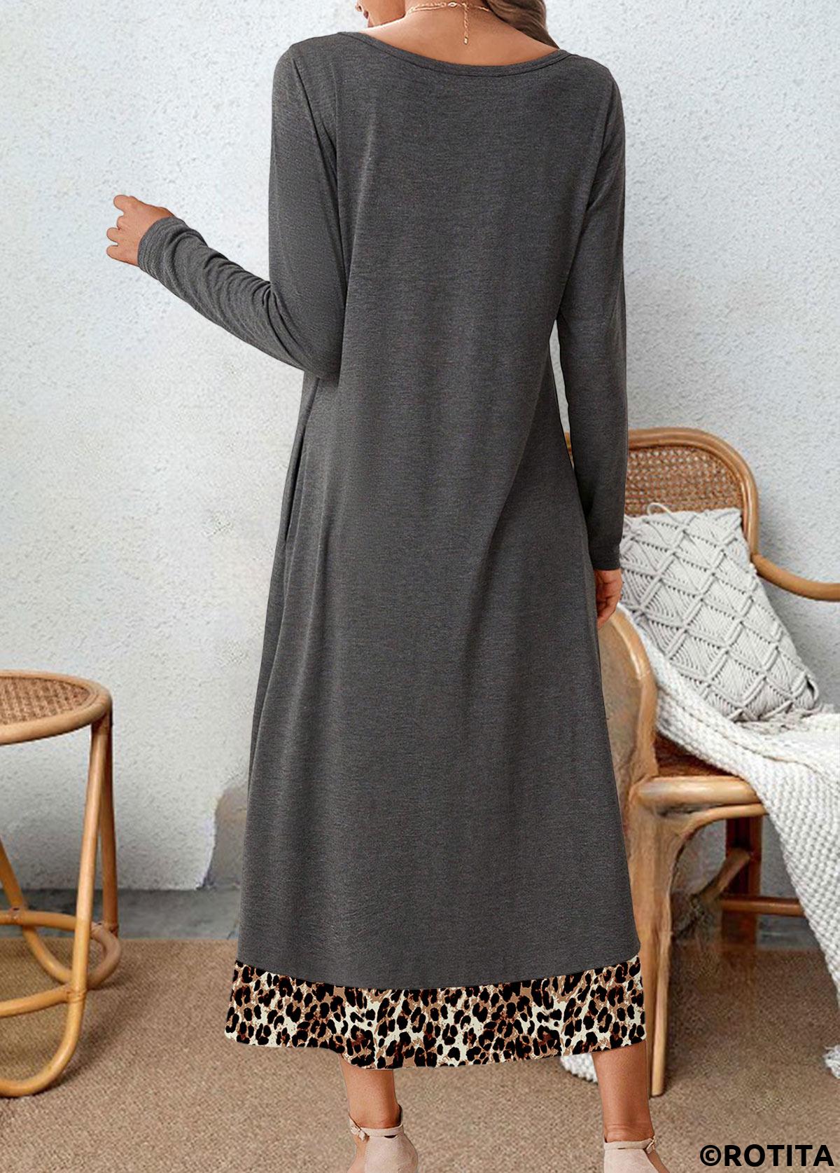 Dark Grey plus size,Leopard plus size,ROTITA Plus Size Button Dark Grey Leopard A Line Dress