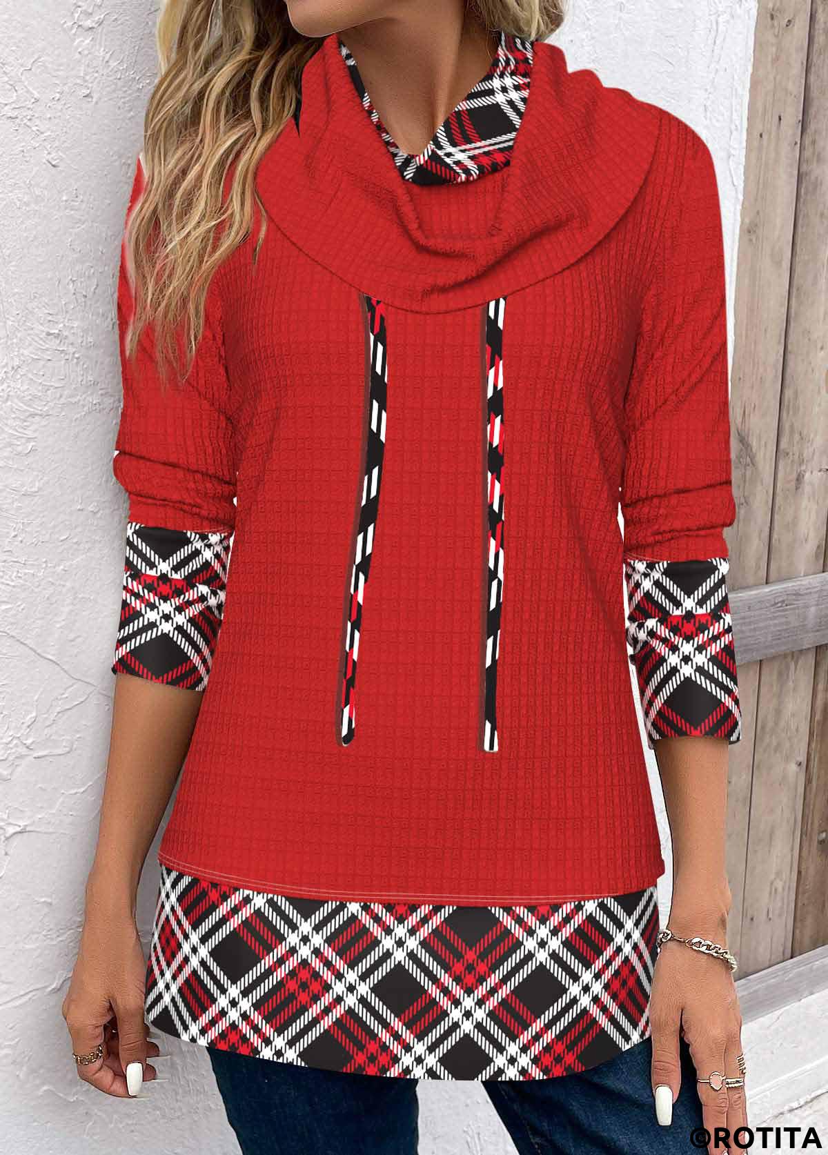 Red tops,Plaid tops,Striped tops,ROTITA Patchwork Plaid Red Cowl Neck Long Sleeve Sweatshirt