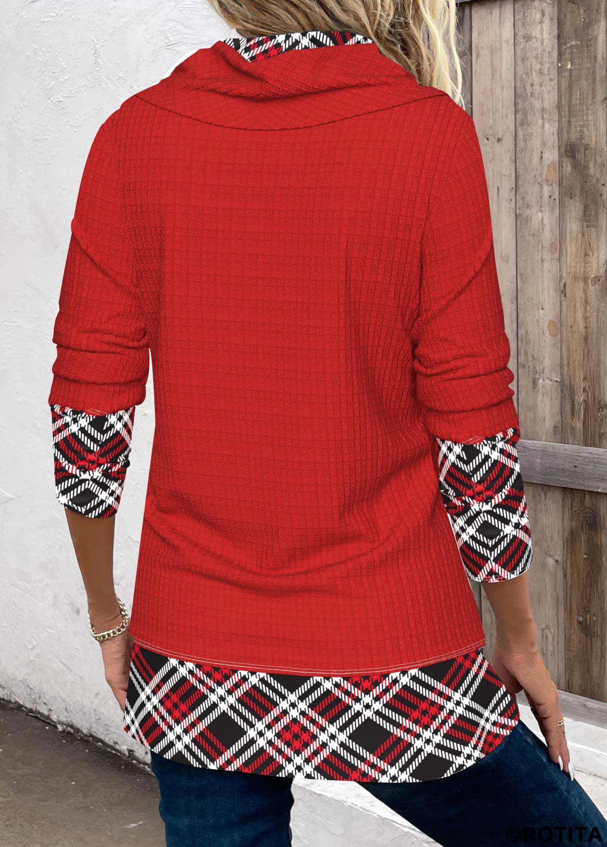 Red tops,Plaid tops,Striped tops,ROTITA Patchwork Plaid Red Cowl Neck Long Sleeve Sweatshirt