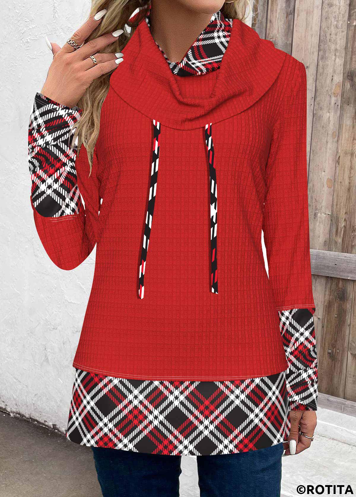 Red tops,Plaid tops,Striped tops,ROTITA Patchwork Plaid Red Cowl Neck Long Sleeve Sweatshirt