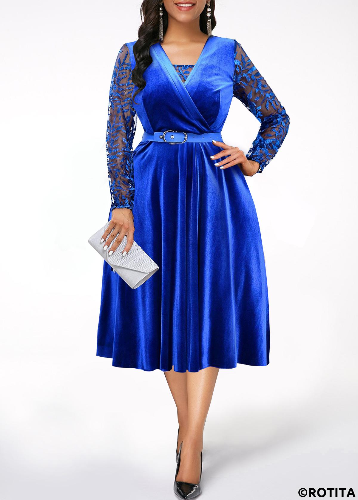 Royal Blue dresses,Plain Color dresses,Party dresses,Elegant dresses,ROTITA Embroidery Royal Blue Long Sleeve Dress
