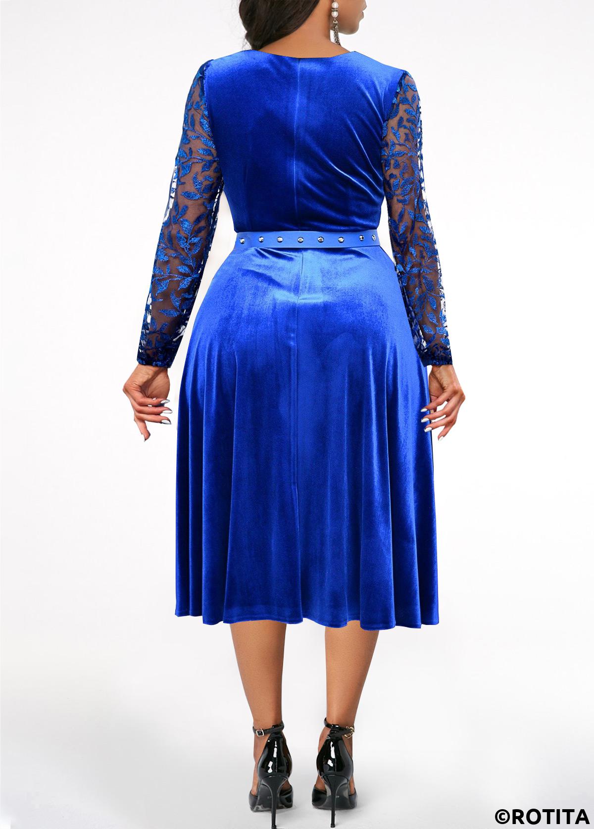 Royal Blue dresses,Plain Color dresses,Party dresses,Elegant dresses,ROTITA Embroidery Royal Blue Long Sleeve Dress
