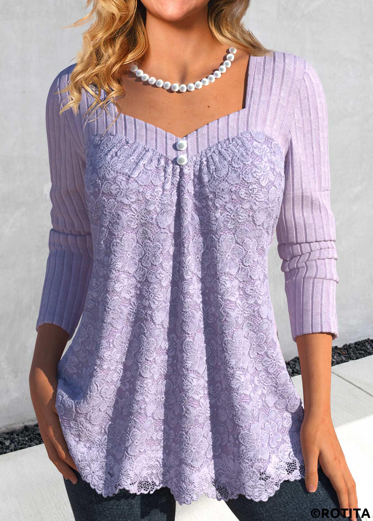 Light Purple tops,Plain Color tops,ROTITA Lace Light Purple Heart Collar Long Sleeve T Shirt