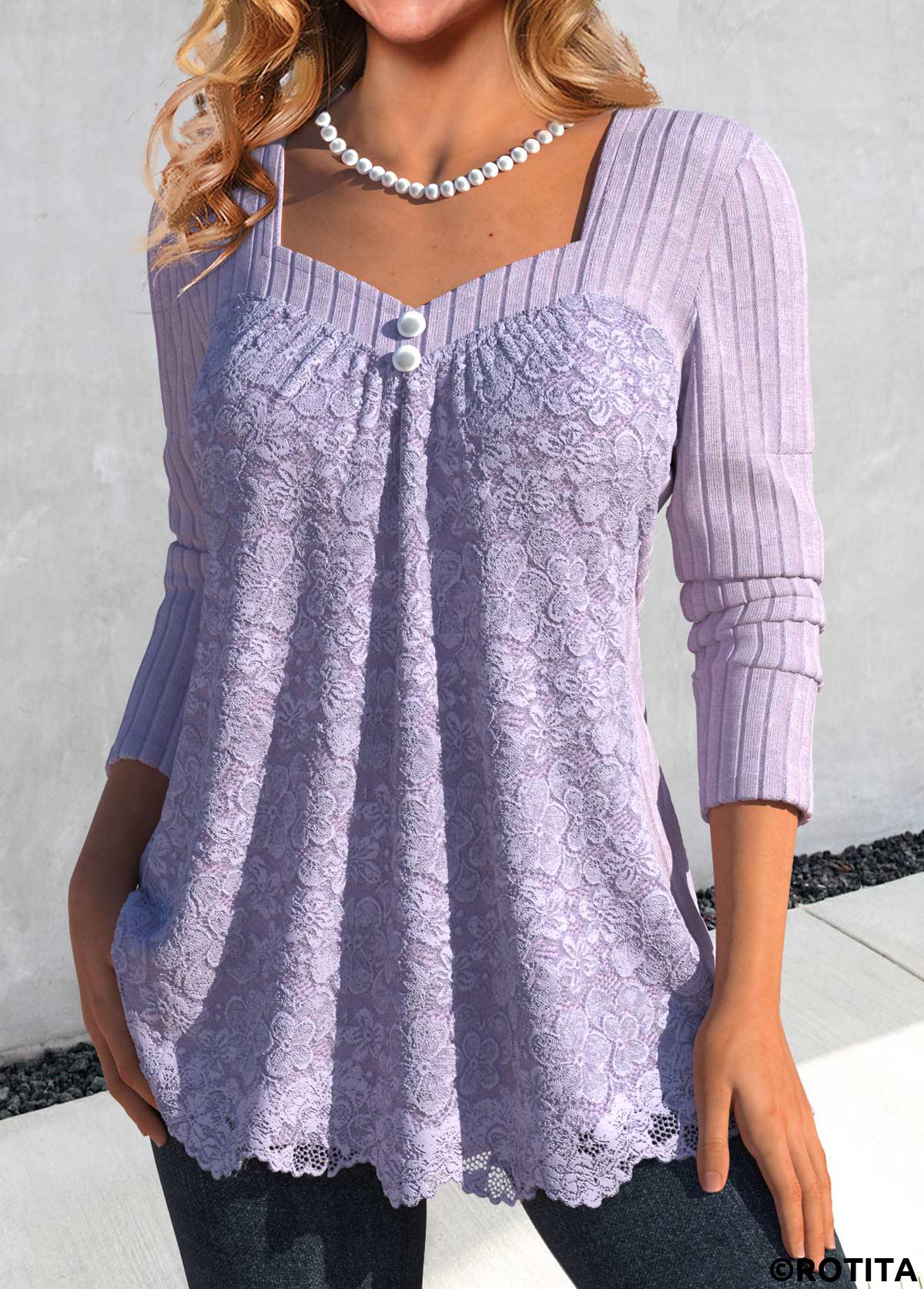 Light Purple tops,Plain Color tops,ROTITA Lace Light Purple Heart Collar Long Sleeve T Shirt