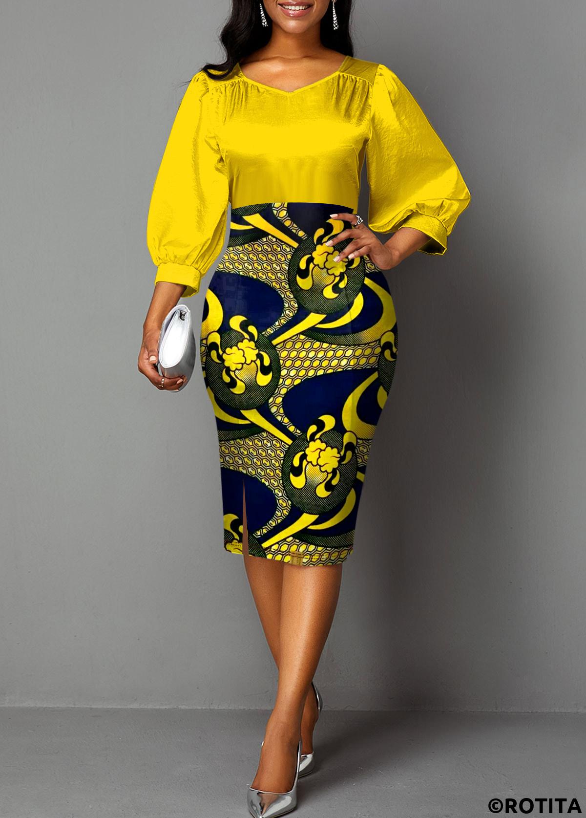 Yellow dresses,Tribal dresses,Geometric dresses,Party dresses,Elegant dresses,ROTITA Patchwork Tribal Print Yellow Round Neck Bodycon Dress