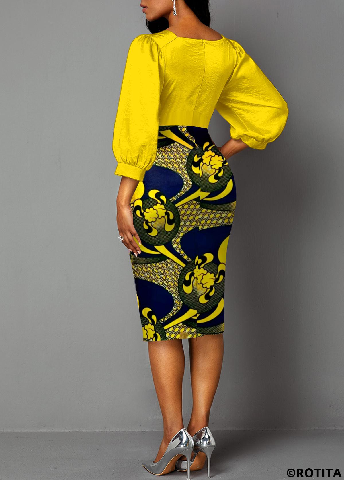 Yellow dresses,Tribal dresses,Geometric dresses,Party dresses,Elegant dresses,ROTITA Patchwork Tribal Print Yellow Round Neck Bodycon Dress