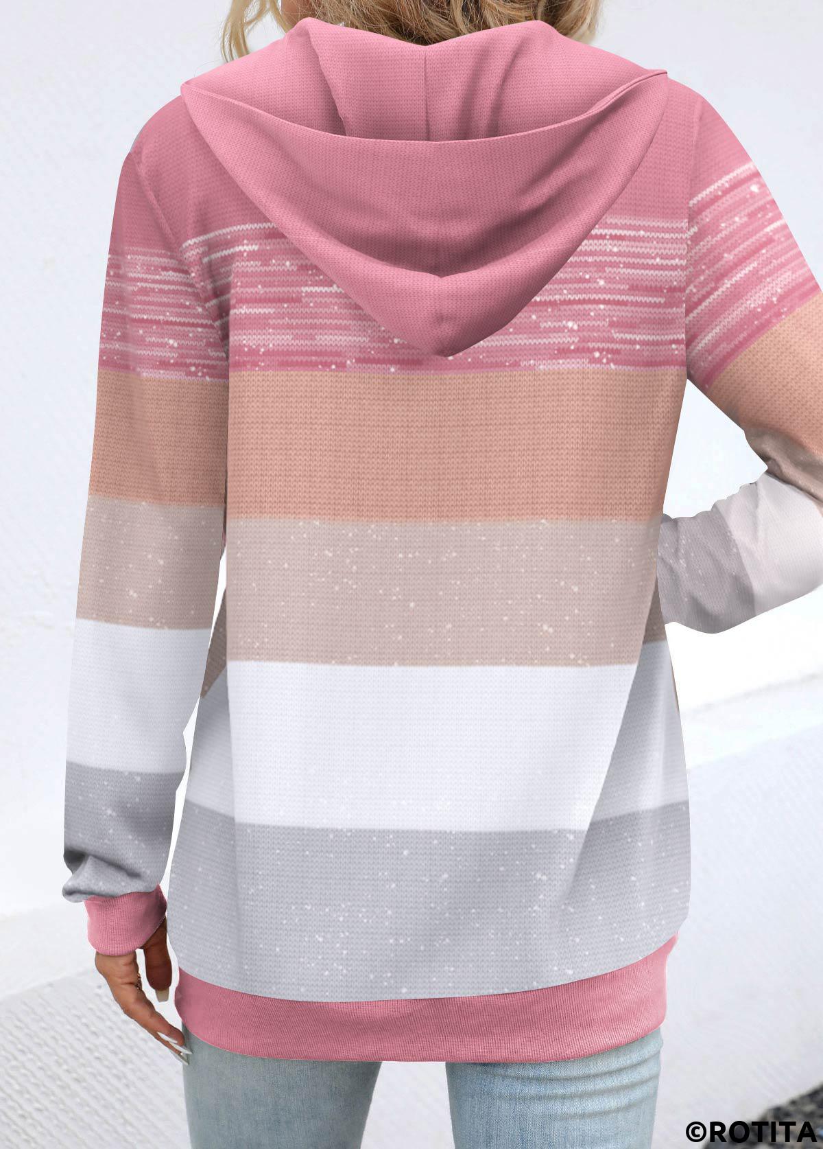 Pink plus size,Geometric plus size,Striped plus size,ROTITA Plus Size Pocket Pink Geometric Print Long Sleeve Hoodie