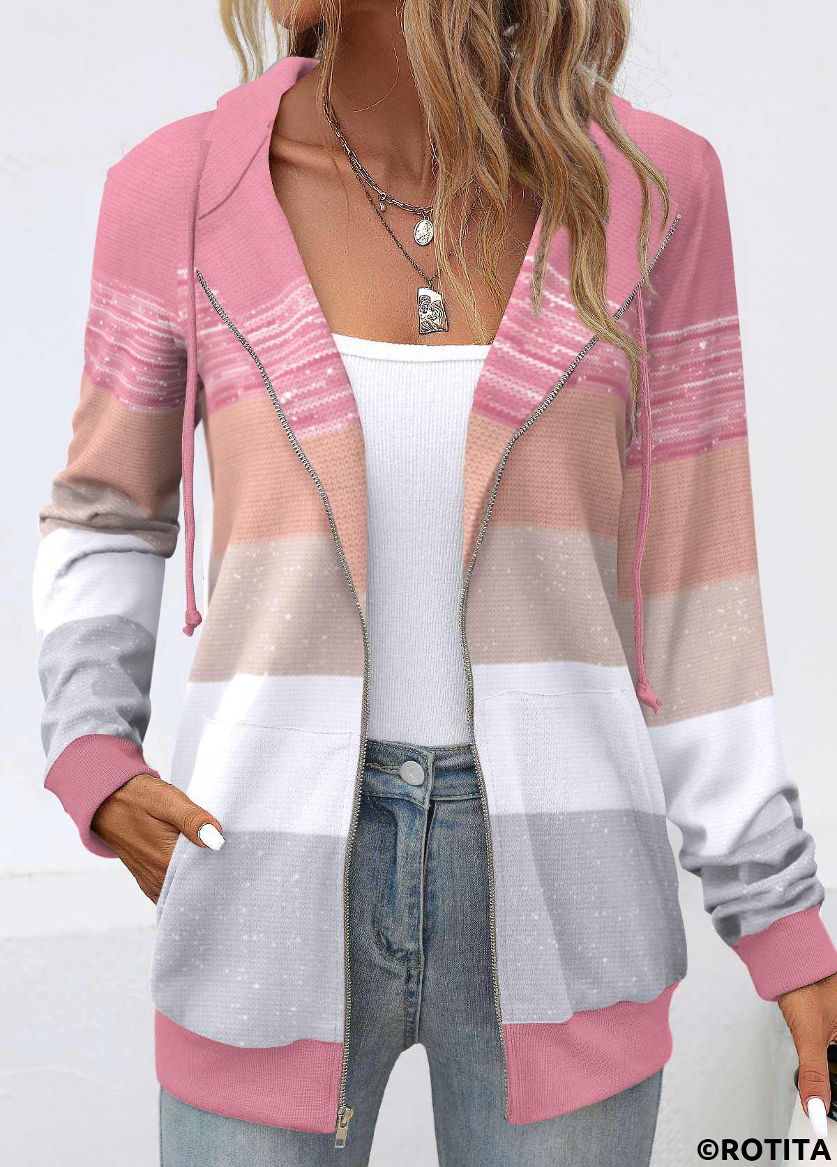 Pink plus size,Geometric plus size,Striped plus size,ROTITA Plus Size Pocket Pink Geometric Print Long Sleeve Hoodie