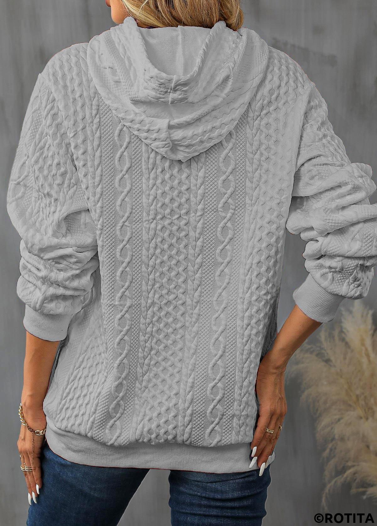Light Grey tops,Plain Color tops,Patchwork Drawstring Light Grey Long Sleeve Hoodie