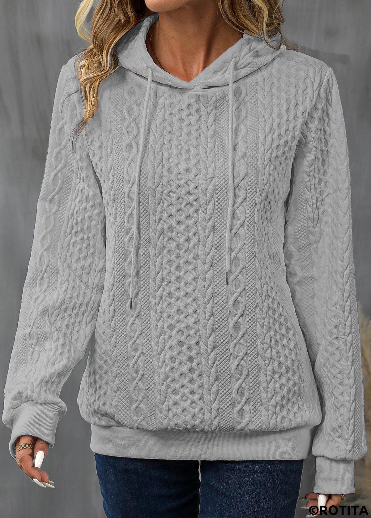 Light Grey tops,Plain Color tops,Patchwork Drawstring Light Grey Long Sleeve Hoodie