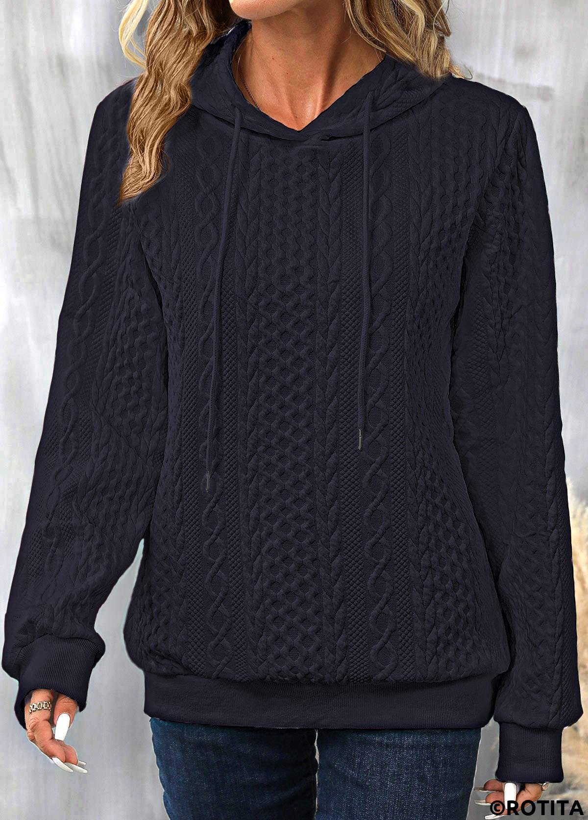 Navy tops,Plain Color tops,ROTITA Drawstring Patchwork Navy Long Sleeve Hoodie