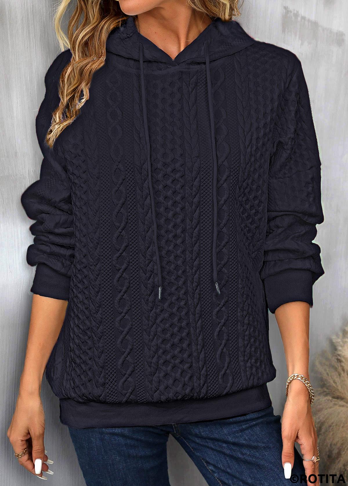 Navy tops,Plain Color tops,ROTITA Drawstring Patchwork Navy Long Sleeve Hoodie