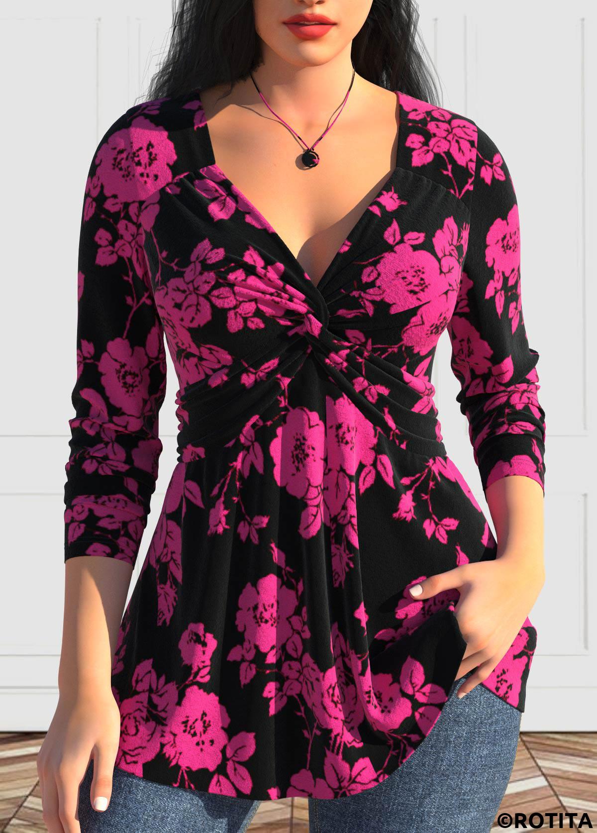 Hot Pink tops,Black tops,Floral tops,Plants tops,ROTITA Valentine's Day Twist Hot Pink Heart Collar T Shirt