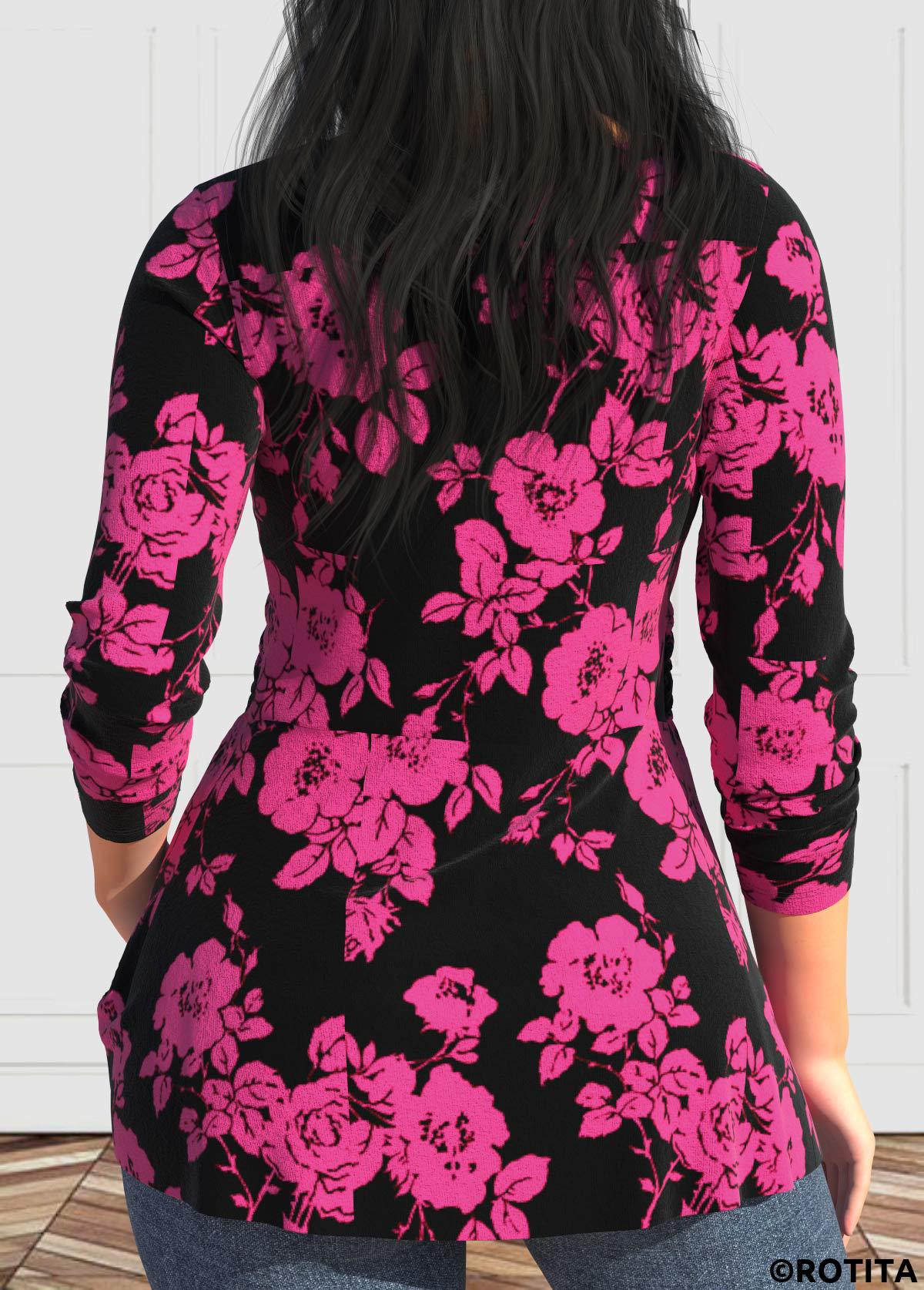 Hot Pink tops,Black tops,Floral tops,Plants tops,ROTITA Valentine's Day Twist Hot Pink Heart Collar T Shirt