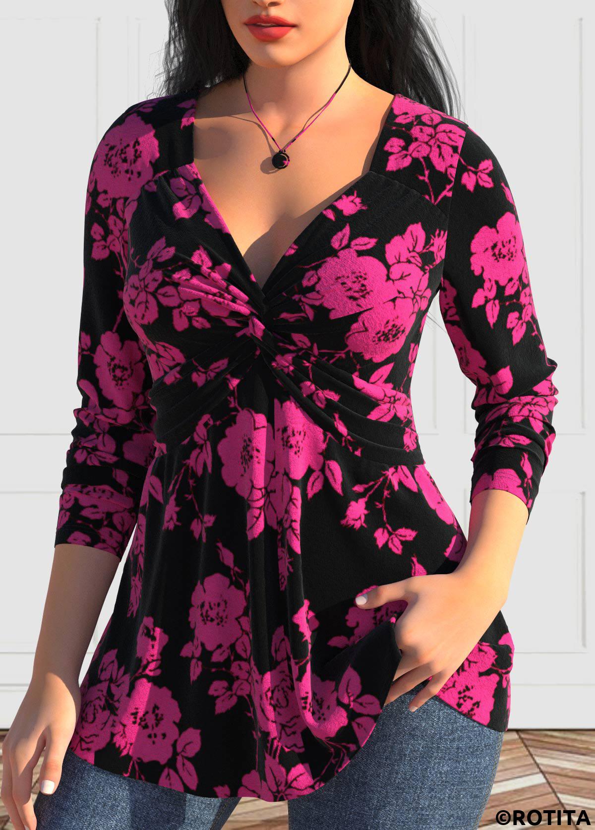 Hot Pink tops,Black tops,Floral tops,Plants tops,ROTITA Valentine's Day Twist Hot Pink Heart Collar T Shirt
