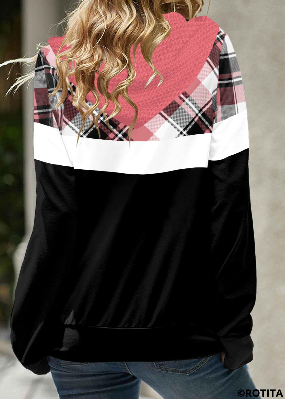 Pink tops,Black tops,Plaid tops,Striped tops,ROTITA Zipper Plaid Pink Long Sleeve Hoodie