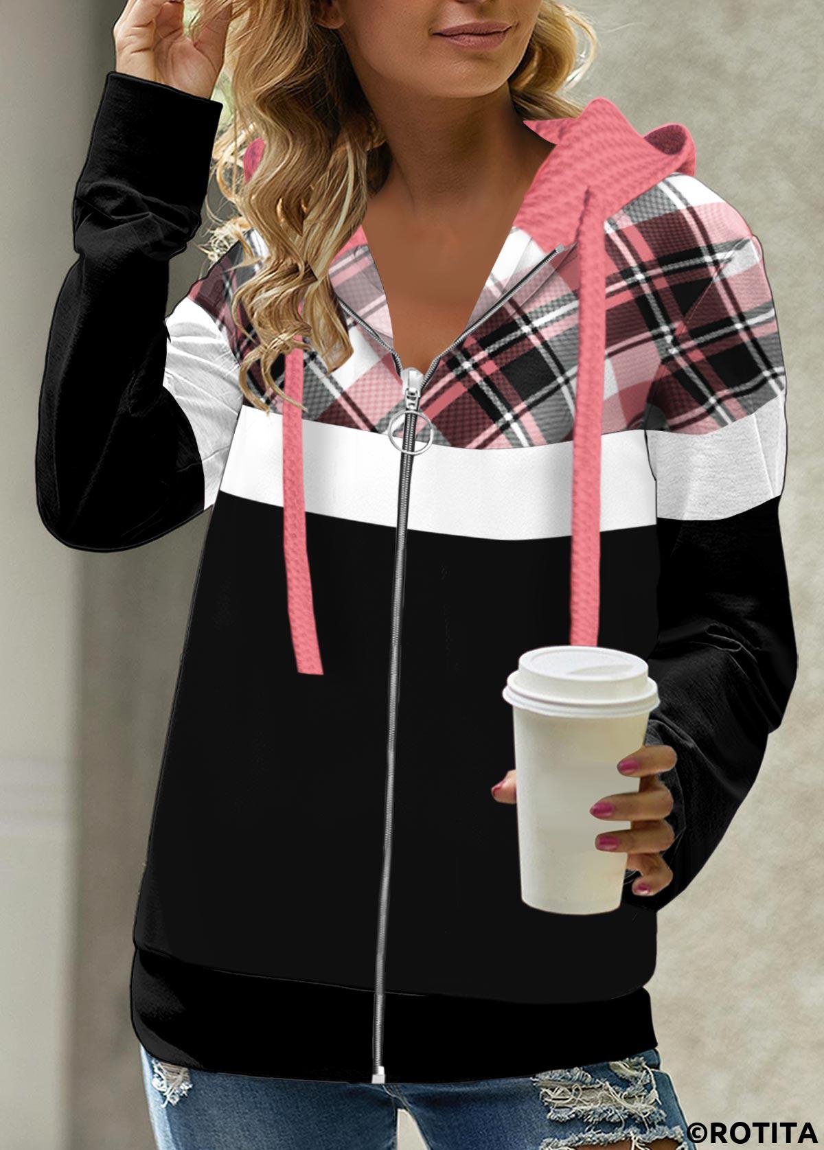Pink tops,Black tops,Plaid tops,Striped tops,ROTITA Zipper Plaid Pink Long Sleeve Hoodie