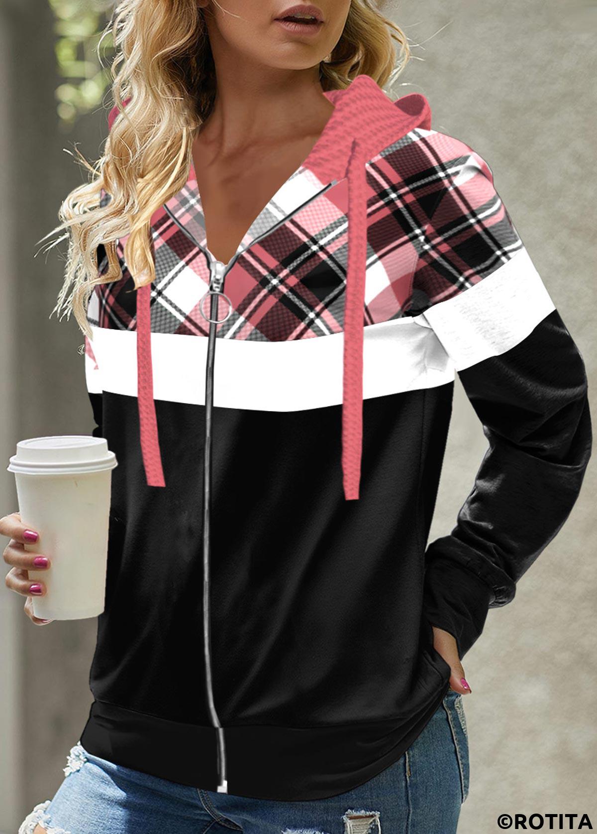 Pink tops,Black tops,Plaid tops,Striped tops,ROTITA Zipper Plaid Pink Long Sleeve Hoodie