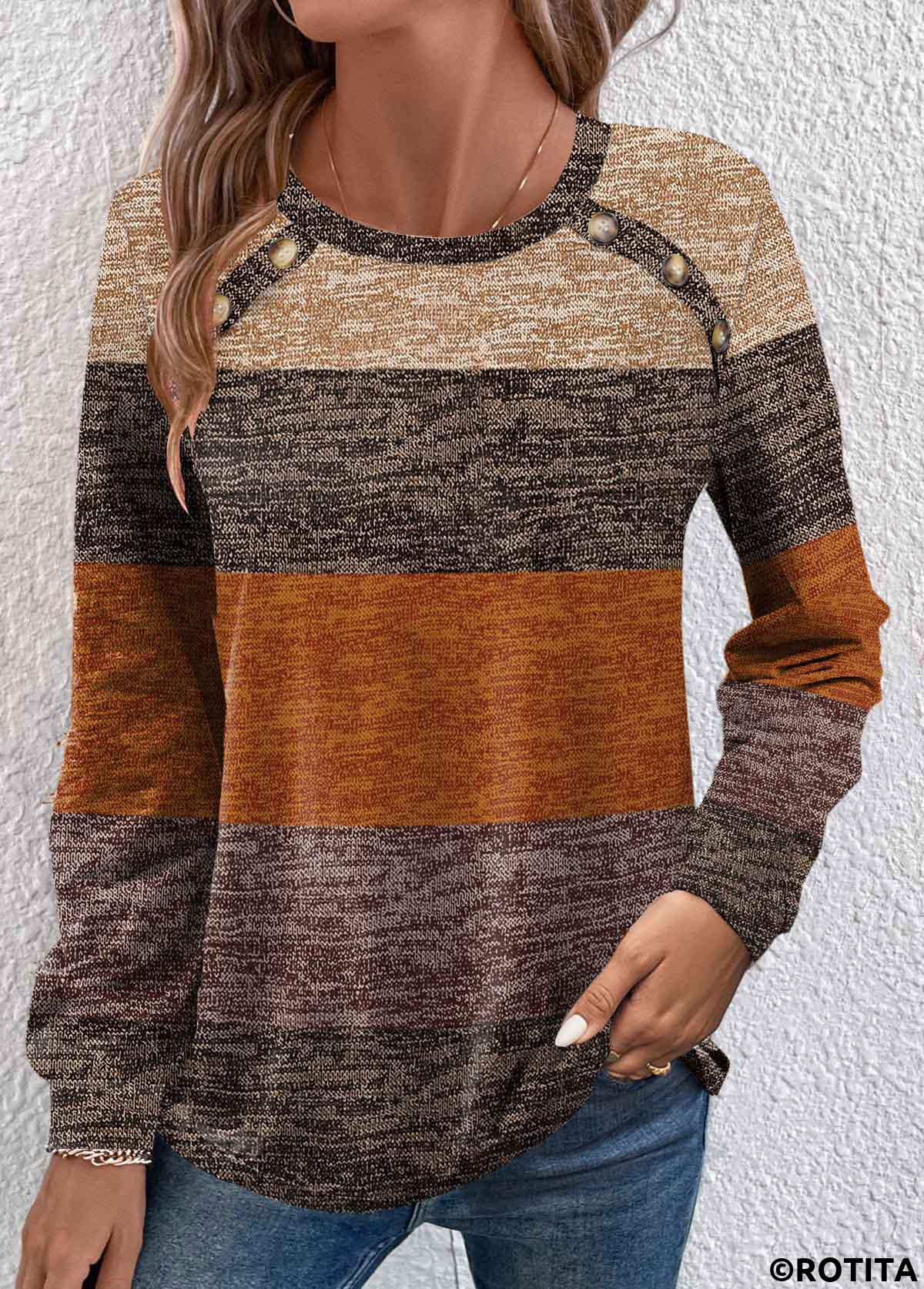 Dark Camel plus size,Striped plus size,Geometric plus size,ROTITA Plus Size Button Dark Camel Striped T Shirt