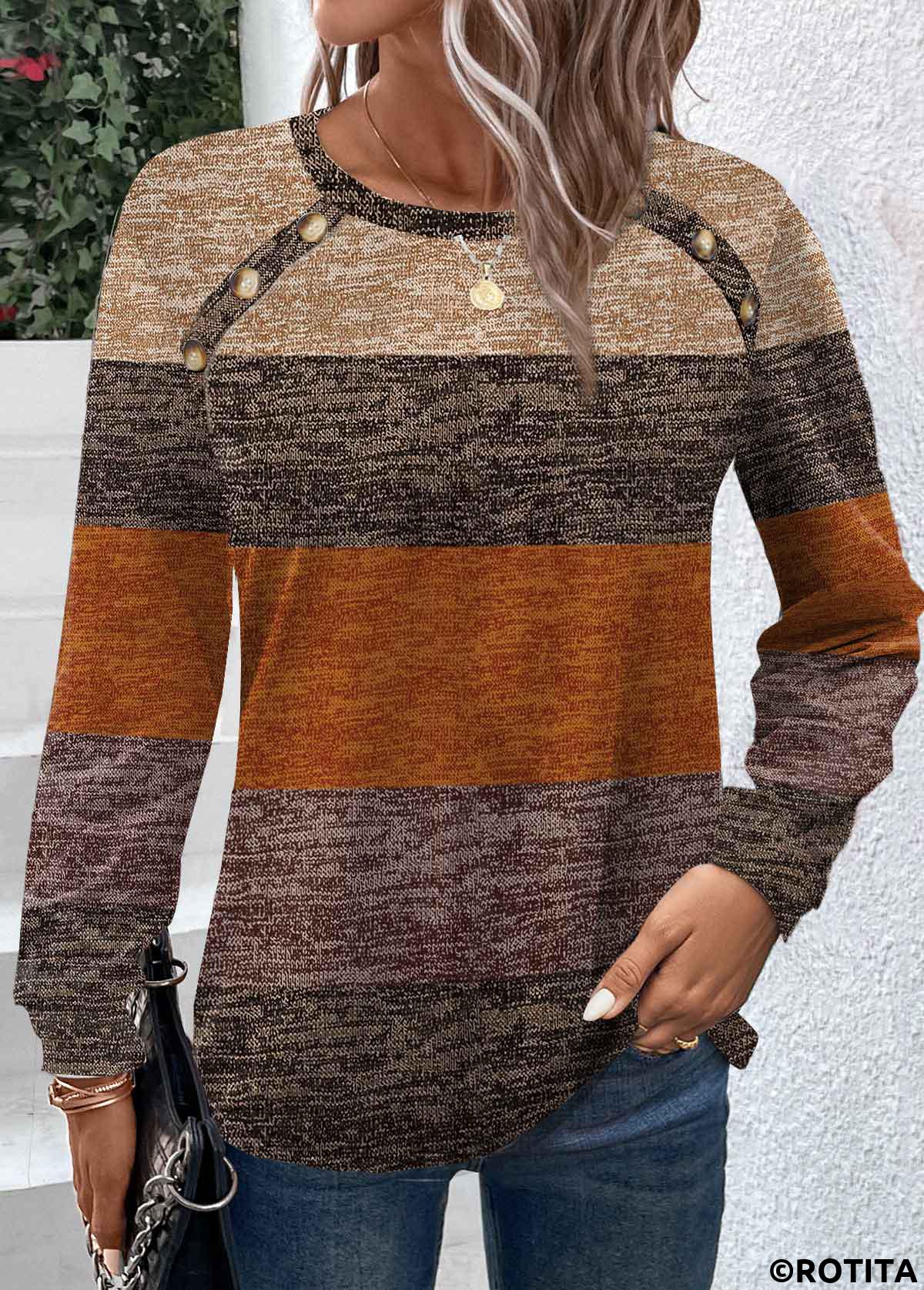 Dark Camel plus size,Striped plus size,Geometric plus size,ROTITA Plus Size Button Dark Camel Striped T Shirt