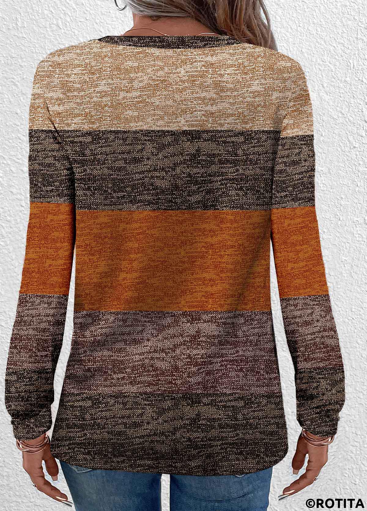 Dark Camel plus size,Striped plus size,Geometric plus size,ROTITA Plus Size Button Dark Camel Striped T Shirt