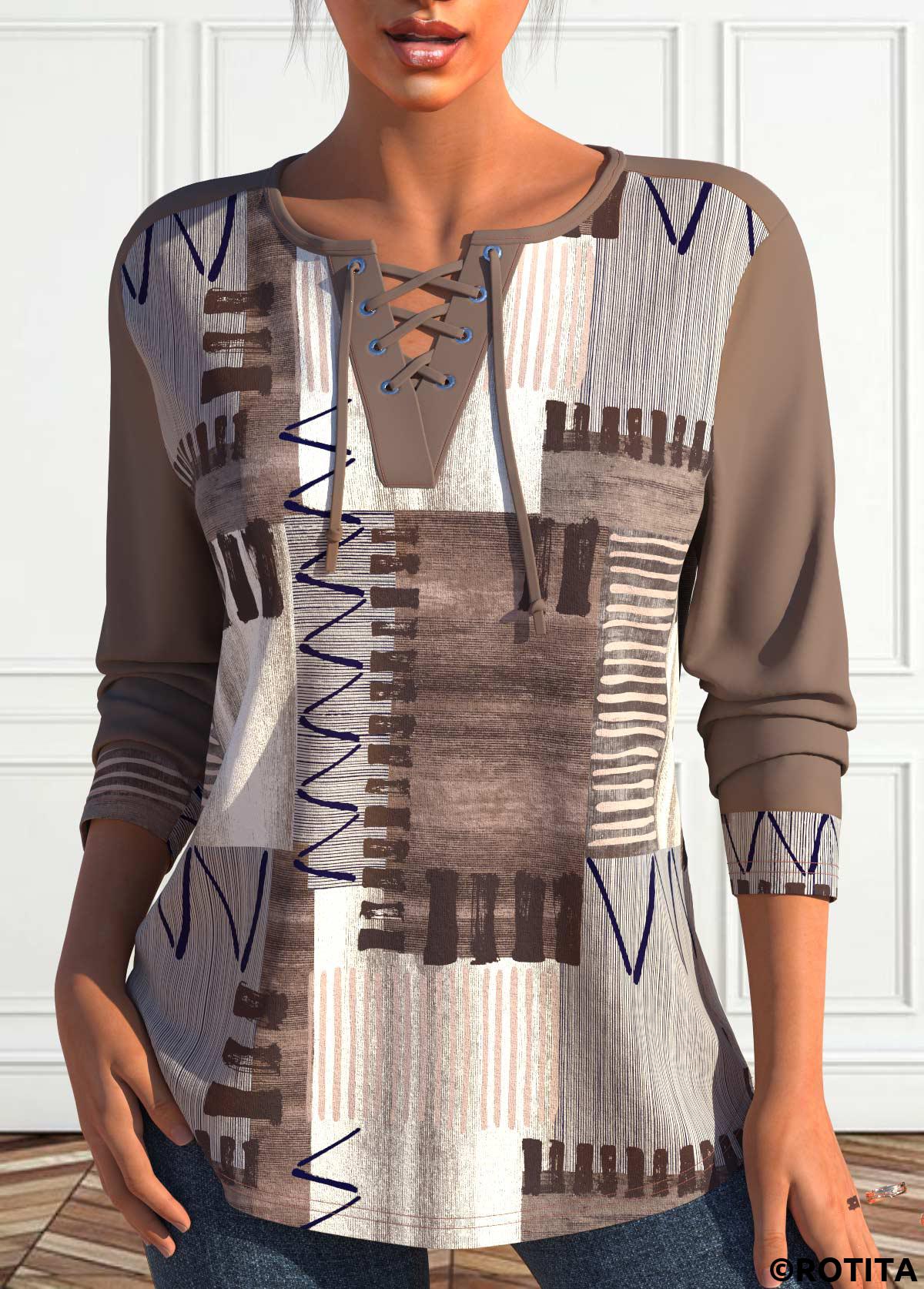 Light Coffee tops,Geometric tops,Striped tops,ROTITA Lace Up Geometric Print Light Coffee Split Neck Sweatshirt