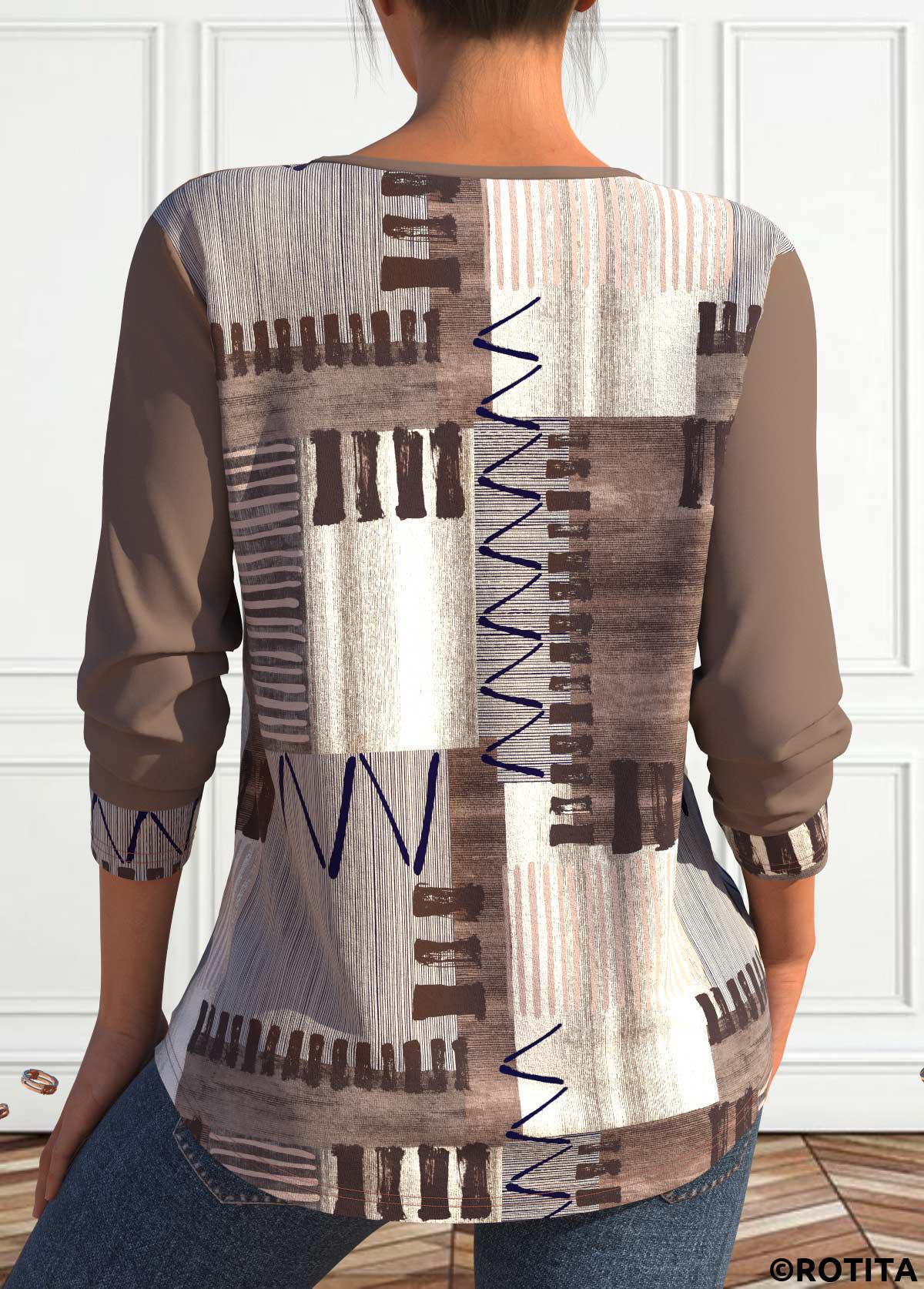 Light Coffee tops,Geometric tops,Striped tops,ROTITA Lace Up Geometric Print Light Coffee Split Neck Sweatshirt