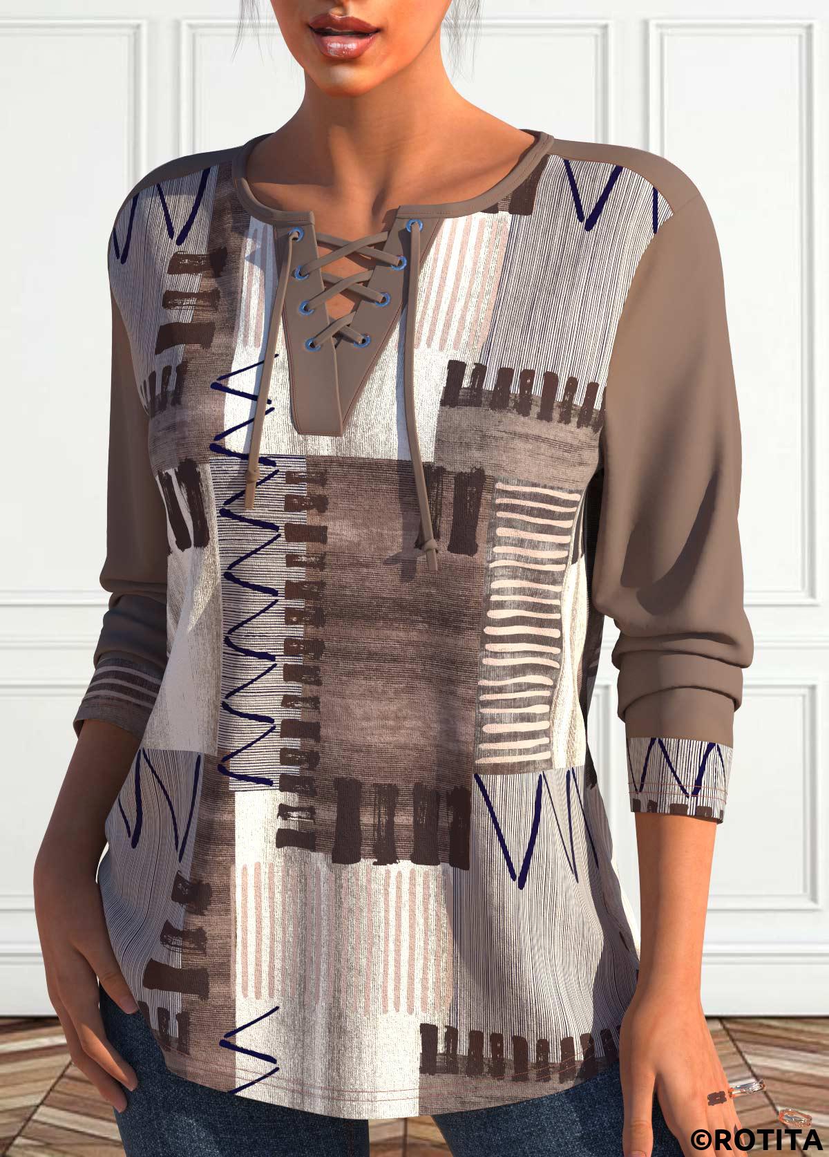 Light Coffee tops,Geometric tops,Striped tops,ROTITA Lace Up Geometric Print Light Coffee Split Neck Sweatshirt