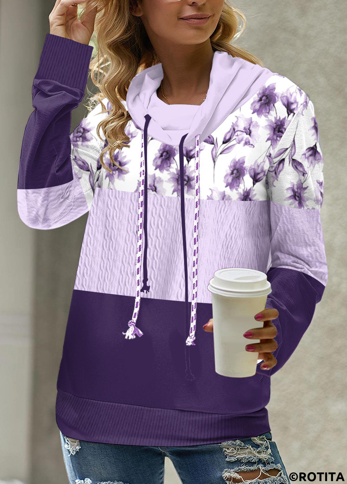 Light Purple plus size,Floral plus size,Plants plus size,ROTITA Plus Size Patchwork Light Purple Floral Print Sweatshirt