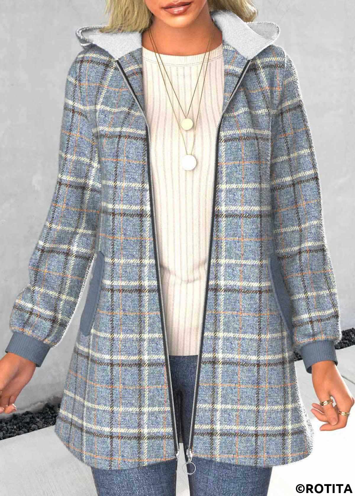 Dusty Blue tops,Plaid tops,Striped tops,ROTITA Zipper Plaid Dusty Blue Hooded Long Sleeve Coat